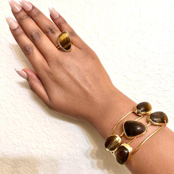 Tiger Eye Stone Gold Plated Cuff Bracelet & Ring Set - Picture 2 of 3
